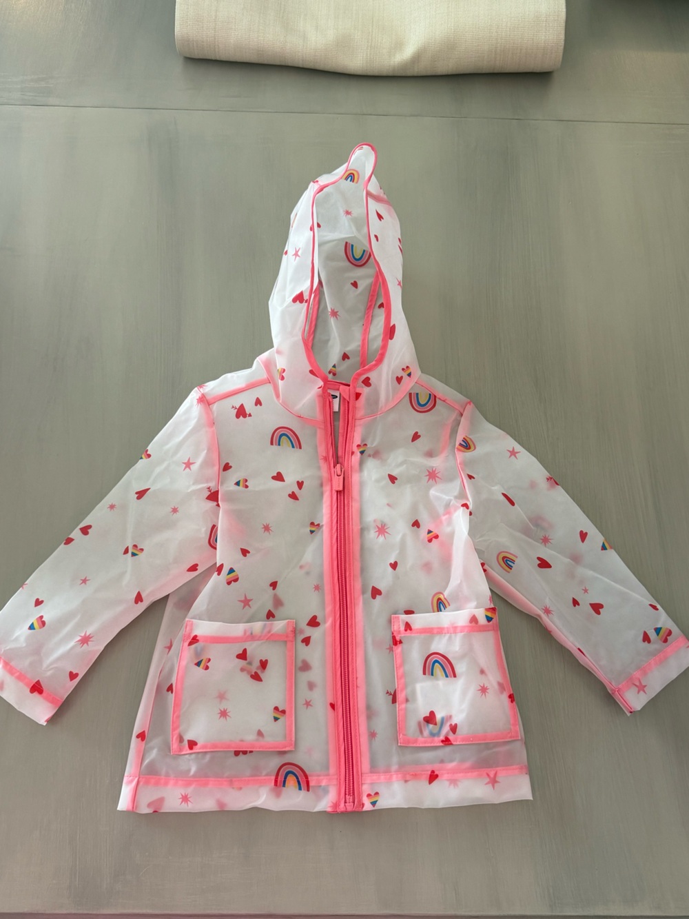 Old Navy Pink Clear Raincoat with Rainbow & Heart Print - 2T